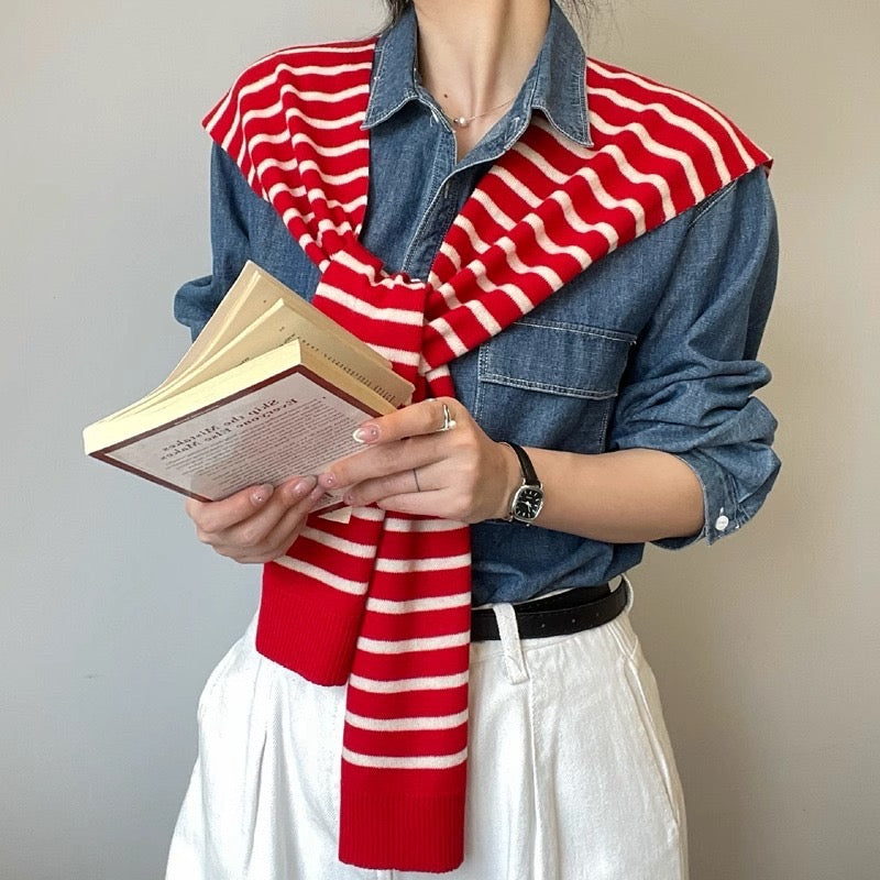 Striped Knit Shoulder Wrap – 100% Wool