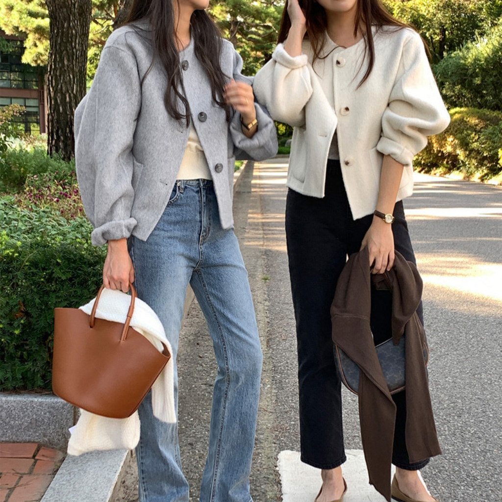 Round-Neck Wool-Blend Cropped Coat