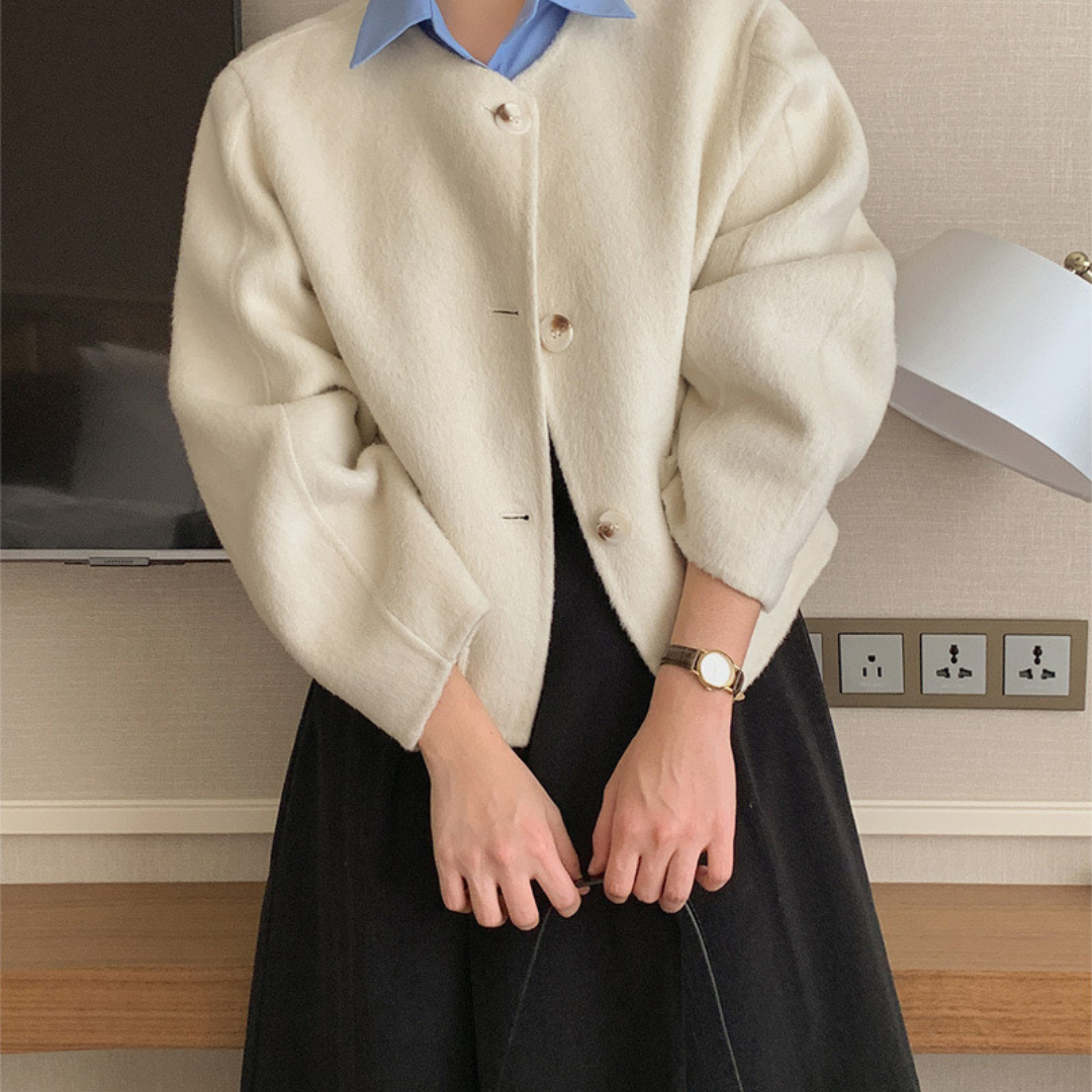 Round-Neck Wool-Blend Cropped Coat