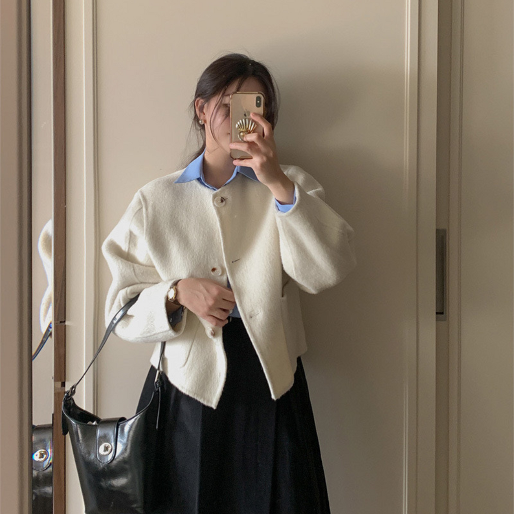 Round-Neck Wool-Blend Cropped Coat