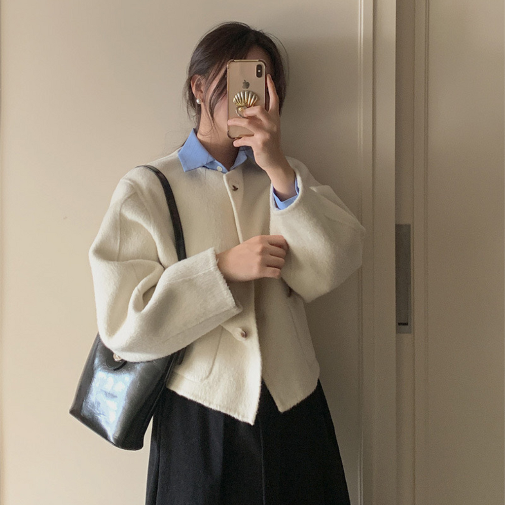 Round-Neck Wool-Blend Cropped Coat