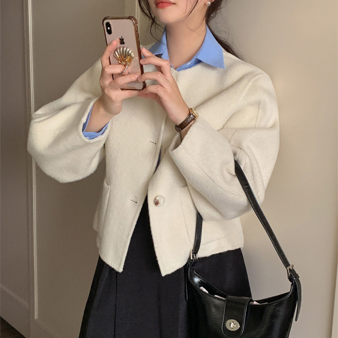 Round-Neck Wool-Blend Cropped Coat