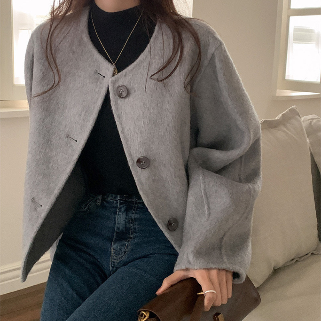 Round-Neck Wool-Blend Cropped Coat