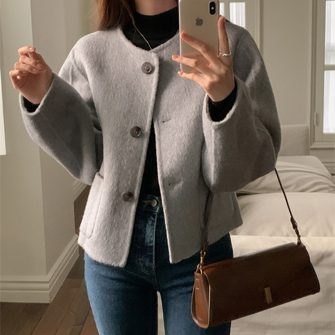 Round-Neck Wool-Blend Cropped Coat