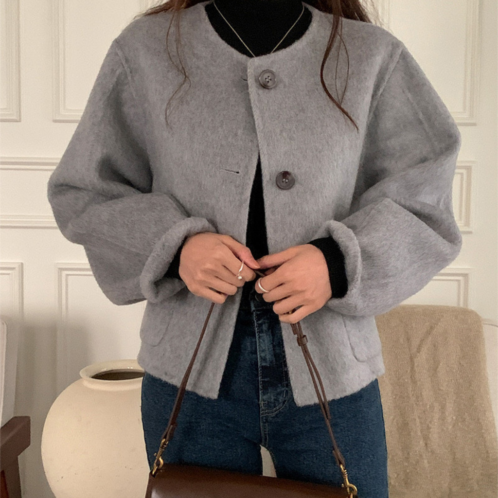 Round-Neck Wool-Blend Cropped Coat