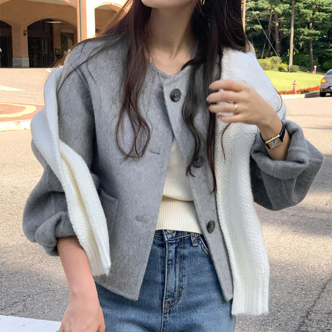 Round-Neck Wool-Blend Cropped Coat