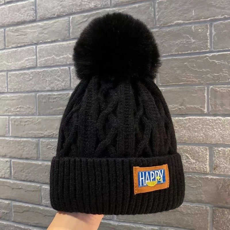 Happy Pom Cable Knit Beanie